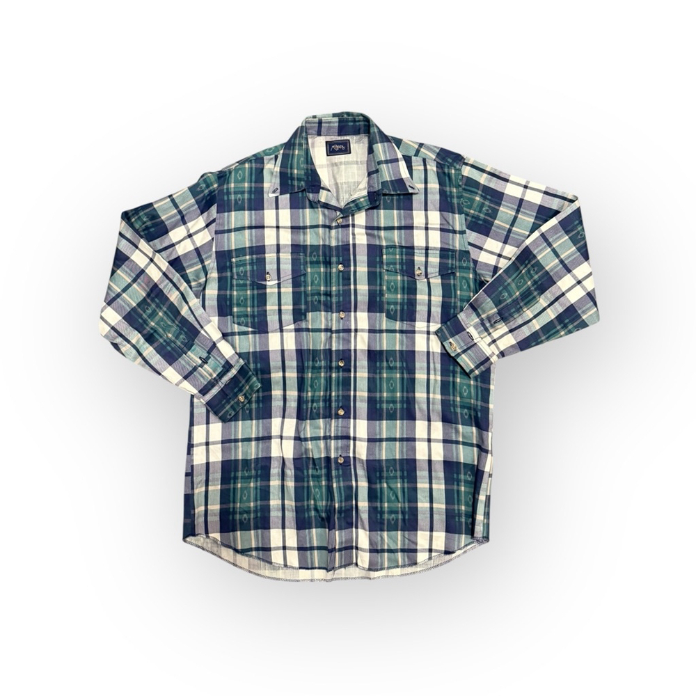 Roper Men’s Western Pearl Snap Cowboy Shirt Sz XL Rodeo Navy/Green Plaid Pocket​ - Picture 2 of 8